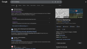 A screenshot of a google search for Wild Iris Marketing and it's Google Business Profile.